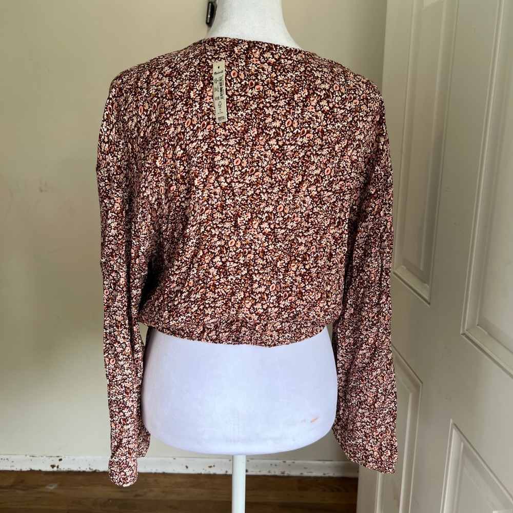 Madewell Ditsy Floral Wrap Top Brown Pink Long Sleeve V-Neck Size M NWT - Picture 4 of 7